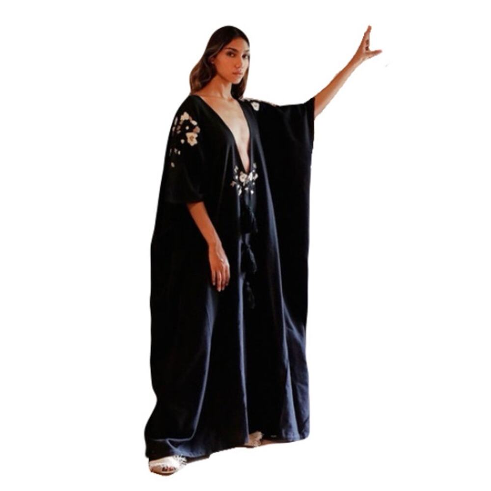 New DENISSE KURI DRESS One-Size Kaftan Kuri Tunic Embroidery Tassels Slit Maxi